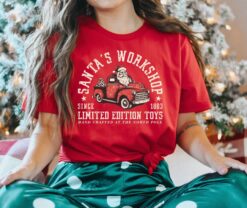 vintage christmas t shirt santas workshop retro design holiday apparel for women ofiav scaled