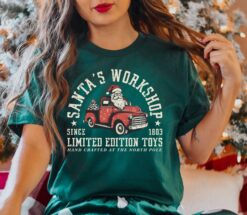 vintage christmas t shirt santas workshop retro design holiday apparel for women sautp
