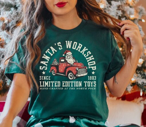 vintage christmas t shirt santas workshop retro design holiday apparel for women sautp