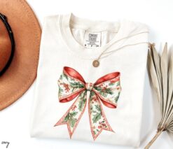 Vintage Christmas T Shirt Toile Bow Design Comfort Colors Tee for Women with Festive Print and Unique Style