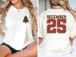 Vintage Christmas T Shirt with Front and Back Design Featuring a Varsity Style Christmas Tree for December Winter Celebrations