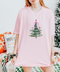 vintage christmas t shirt with pink bow design and christmas tree graphic for a fun holiday look extkp scaled