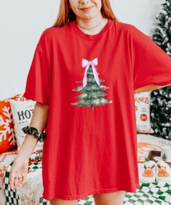 vintage christmas t shirt with pink bow design and christmas tree graphic for a fun holiday look ttqca scaled