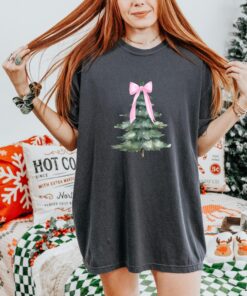 vintage christmas t shirt with pink bow design and christmas tree graphic for a fun holiday look vjyck scaled