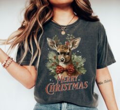 Vintage Christmas T Shirt with Reindeer Design in Comfort Colors for a Retro Holiday Look