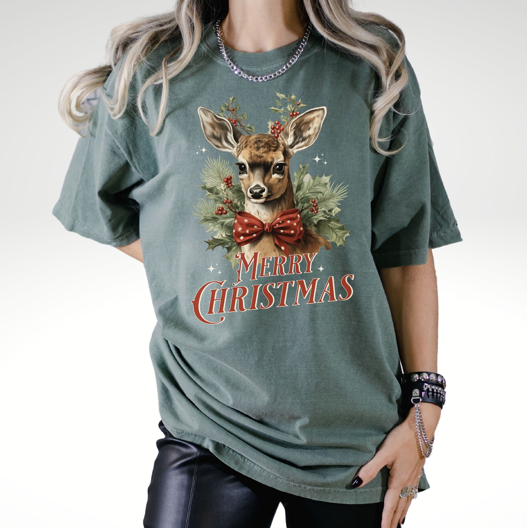 vintage christmas t shirt with reindeer design in comfort colors for a retro holiday look