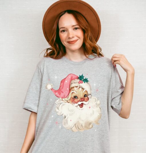 vintage christmas t shirt with retro pink santa design for women funny holiday tee in soft fabric for festive celebrations go3mj