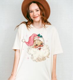 vintage christmas t shirt with retro pink santa design for women funny holiday tee in soft fabric for festive celebrations shsbc