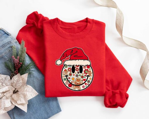 vintage christmas t shirt with smiley face design for positive vibes and fun holiday style azwoi