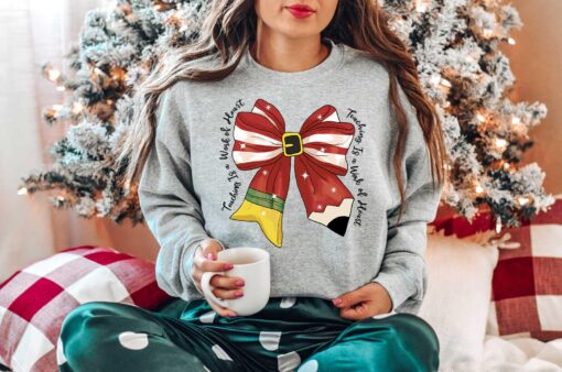 vintage christmas teacher long sleeve t shirt with bow design for educators and fun holiday wear 1rulv