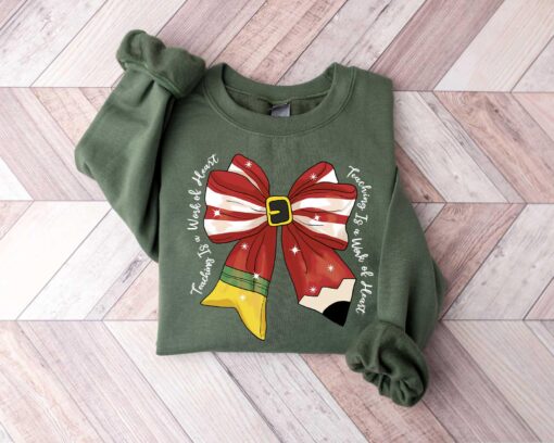 vintage christmas teacher long sleeve t shirt with bow design for educators and fun holiday wear w5taf