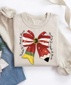 vintage christmas teacher long sleeve t shirt with bow design for educators and fun holiday wear xsemt