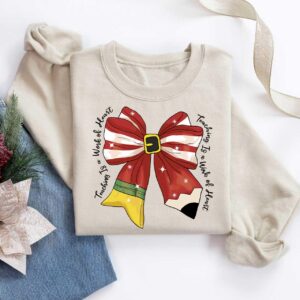 vintage christmas teacher long sleeve t shirt with bow design for educators and fun holiday wear xsemt