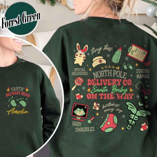 vintage christmas tree pregnancy announcement sweatshirt for nurses with santa baby design and delivery crew theme