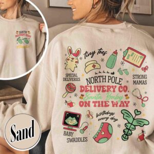 vintage christmas tree pregnancy announcement sweatshirt for nurses with santa baby design and delivery crew theme ek6cb