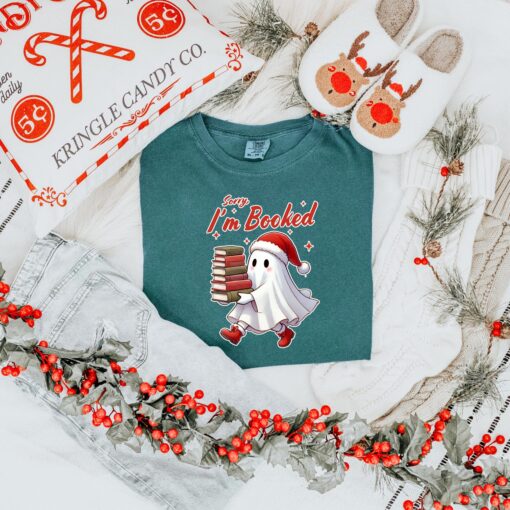 vintage funny christmas ghost t shirt sorry im all booked design bookish winter shirt for spooky holiday celebrations 408ab scaled