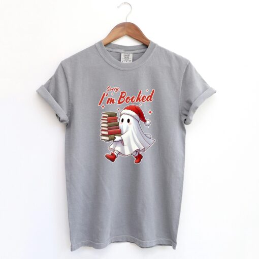 vintage funny christmas ghost t shirt sorry im all booked design bookish winter shirt for spooky holiday celebrations poced scaled