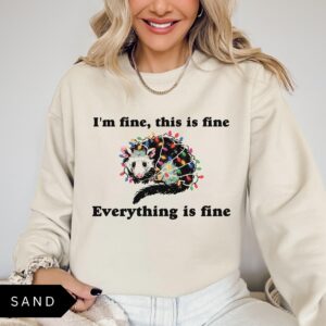 vintage funny christmas sweatshirt everything is fine design holiday sweater with possum and christmas lights 1kdeb