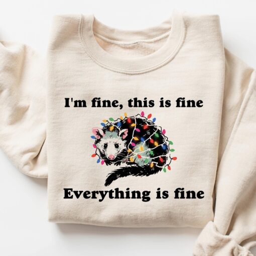 vintage funny christmas sweatshirt everything is fine design holiday sweater with possum and christmas lights 1msww