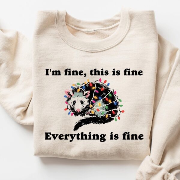 vintage funny christmas sweatshirt everything is fine design holiday sweater with possum and christmas lights 1msww