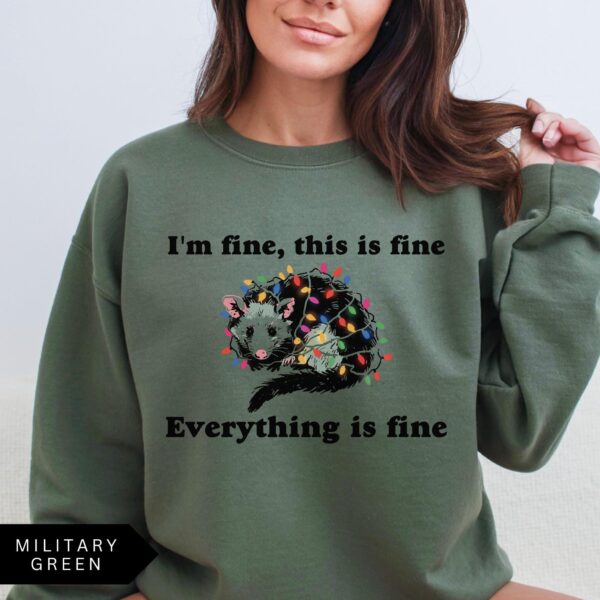 vintage funny christmas sweatshirt everything is fine design holiday sweater with possum and christmas lights 4kskm