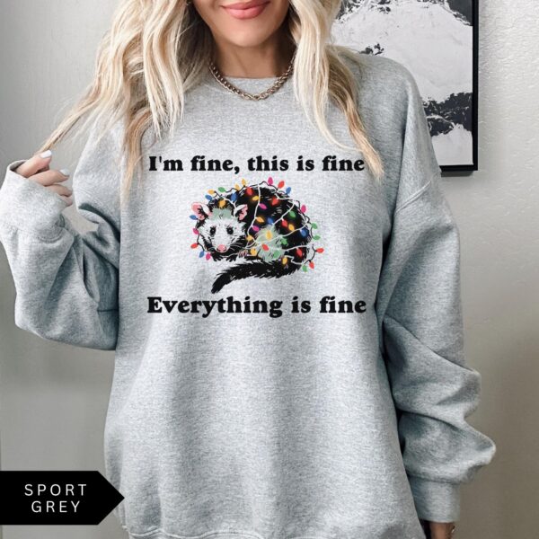 vintage funny christmas sweatshirt everything is fine design holiday sweater with possum and christmas lights