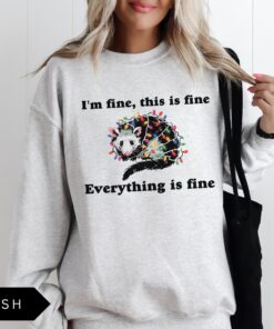 vintage funny christmas sweatshirt everything is fine design holiday sweater with possum and christmas lights z4mn3