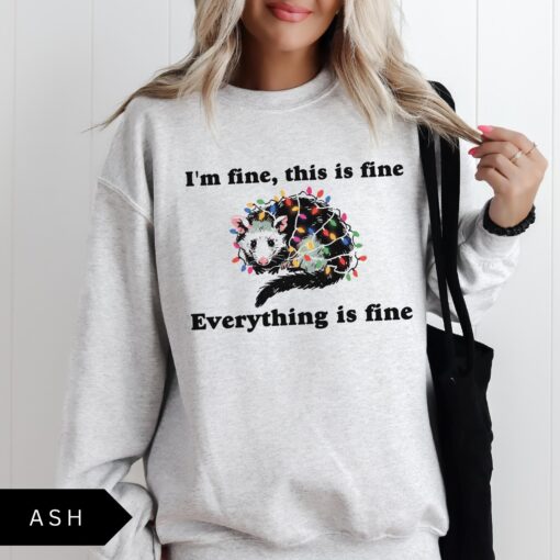 vintage funny christmas sweatshirt everything is fine design holiday sweater with possum and christmas lights z4mn3