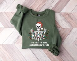Vintage Funny Christmas Sweatshirt for Women - I Am Fine Its Fine Everything Is Fine Skeleton Design for Holiday Celebrations