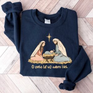 vintage jesus christmas t shirt with bible verse design for christians o come let us adore him sweatshirt for holiday faith wear e152q scaled