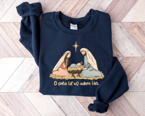 vintage jesus christmas t shirt with bible verse design for christians o come let us adore him sweatshirt for holiday faith wear e152q scaled