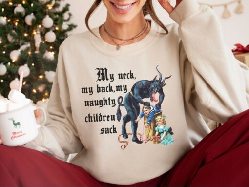 vintage krampus sweatshirt for christmas funny my neck my back shirt with naughty children sack design unique holiday pullover 5tfzi