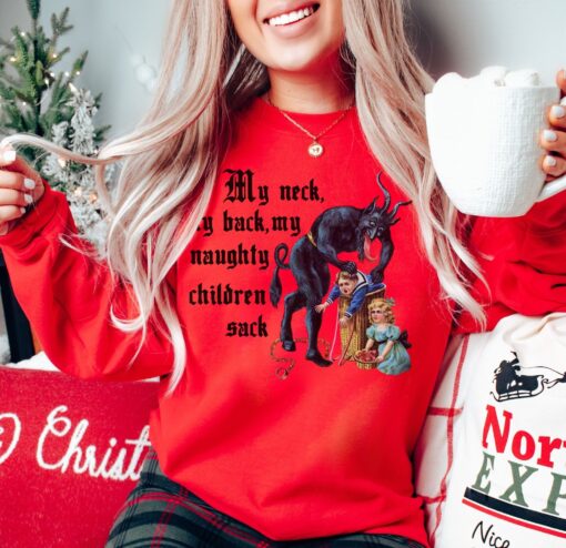 vintage krampus sweatshirt for christmas funny my neck my back shirt with naughty children sack design unique holiday pullover ddwu1