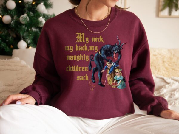 vintage krampus sweatshirt for christmas funny my neck my back shirt with naughty children sack design unique holiday pullover gco0z scaled