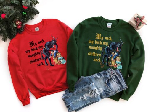 vintage krampus sweatshirt for christmas funny my neck my back shirt with naughty children sack design unique holiday pullover sos7c