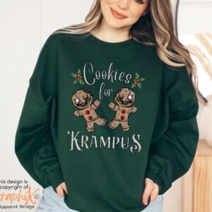 vintage krampus sweatshirt with creepy gingerbread man design for halloween and christmas celebrations unique goth style apparel smcac