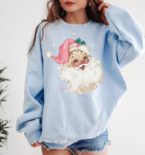 vintage santa christmas sweatshirt retro style long sleeve shirt with pink design for women i273c