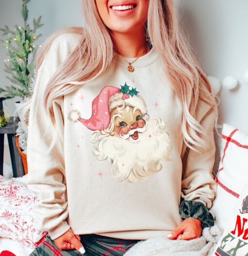 vintage santa christmas sweatshirt retro style long sleeve shirt with pink design for women