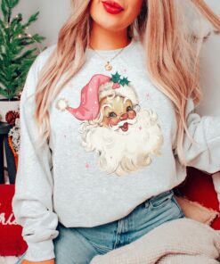 vintage santa christmas sweatshirt retro style long sleeve shirt with pink design for women orp2k