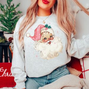 vintage santa christmas sweatshirt retro style long sleeve shirt with pink design for women orp2k