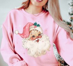 Vintage Santa Christmas Sweatshirt Retro Style Long Sleeve Shirt with Pink Design for Women