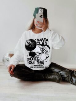 Vintage Santa Claus World Tour Sweatshirt Unisex Retro 90s Hoodie Oversized Crewneck for Christmas Matching Pajamas