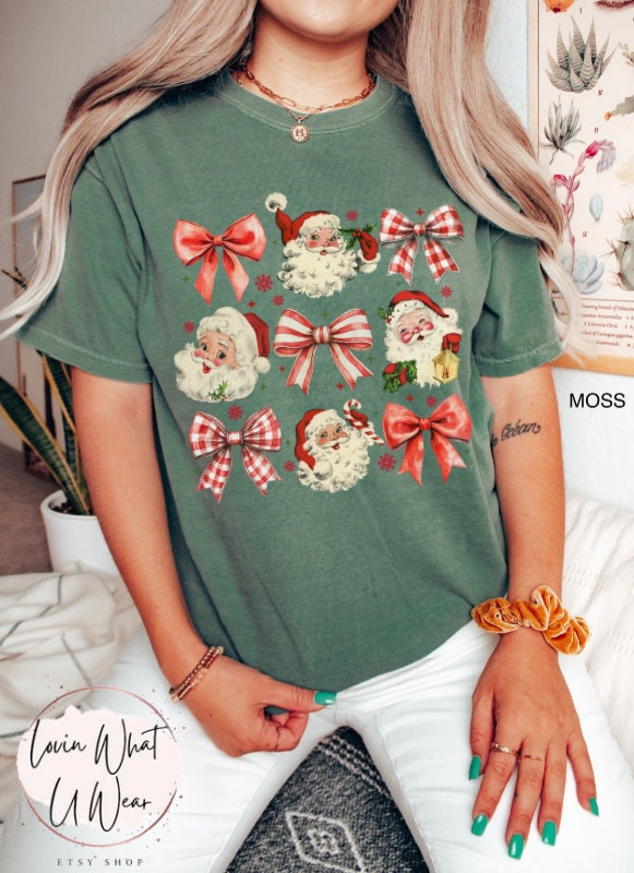 vintage santa t shirt for women comfort colors retro christmas tee oversized holiday top with bow design a9ybj