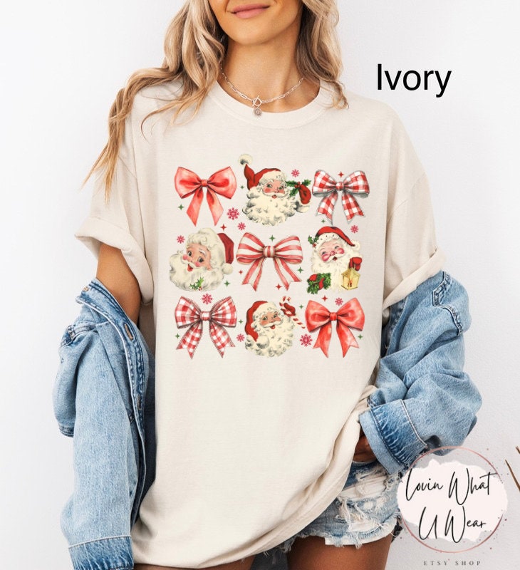 vintage santa t shirt for women comfort colors retro christmas tee oversized holiday top with bow design al0cm