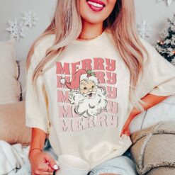 Vintage Santa T Shirt Retro Christmas Design Pink Color for Holiday Wear Winter Apparel