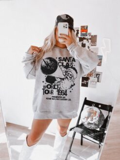Vintage Santa World Tour Sweatshirt 90s Retro Crewneck for Christmas Matching Pajamas Unisex Design Ideal for Holiday Celebrations