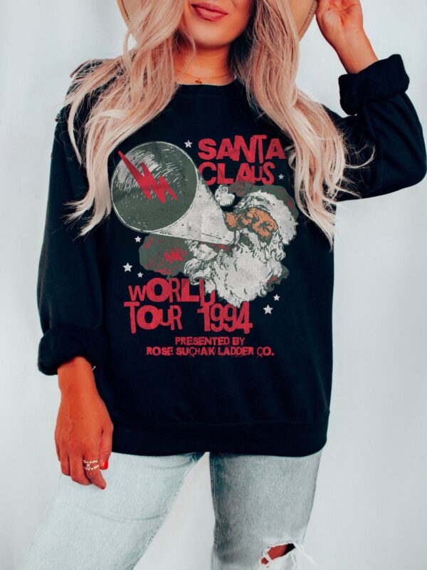 vintage santa world tour sweatshirt unisex retro crewneck with fun santa claus design for christmas celebrations and matching pajamas 2moyv