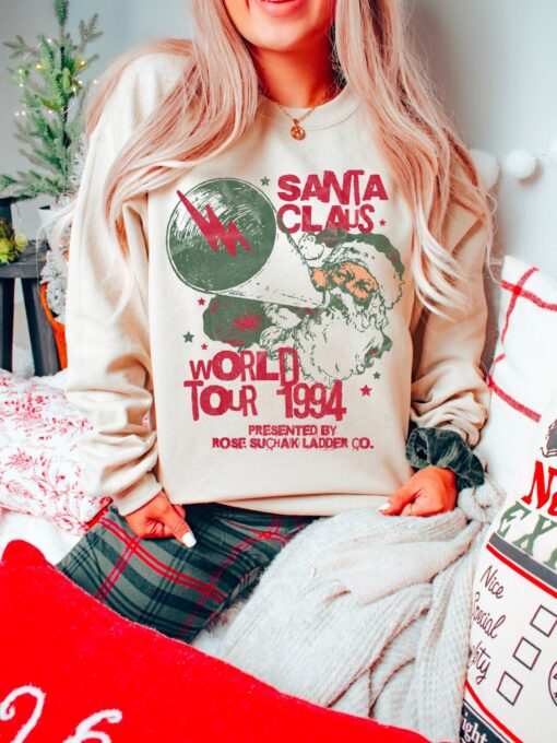 vintage santa world tour sweatshirt unisex retro crewneck with fun santa claus design for christmas celebrations and matching pajamas f1zwu