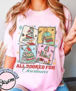 vintage t shirt all booked for christmas design featuring a book tree ideal for librarians and book lovers v99cm