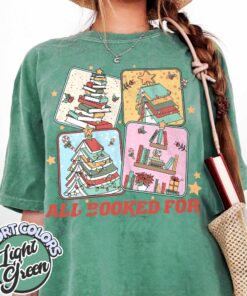 vintage t shirt all booked for christmas design featuring a book tree ideal for librarians and book lovers ymadd